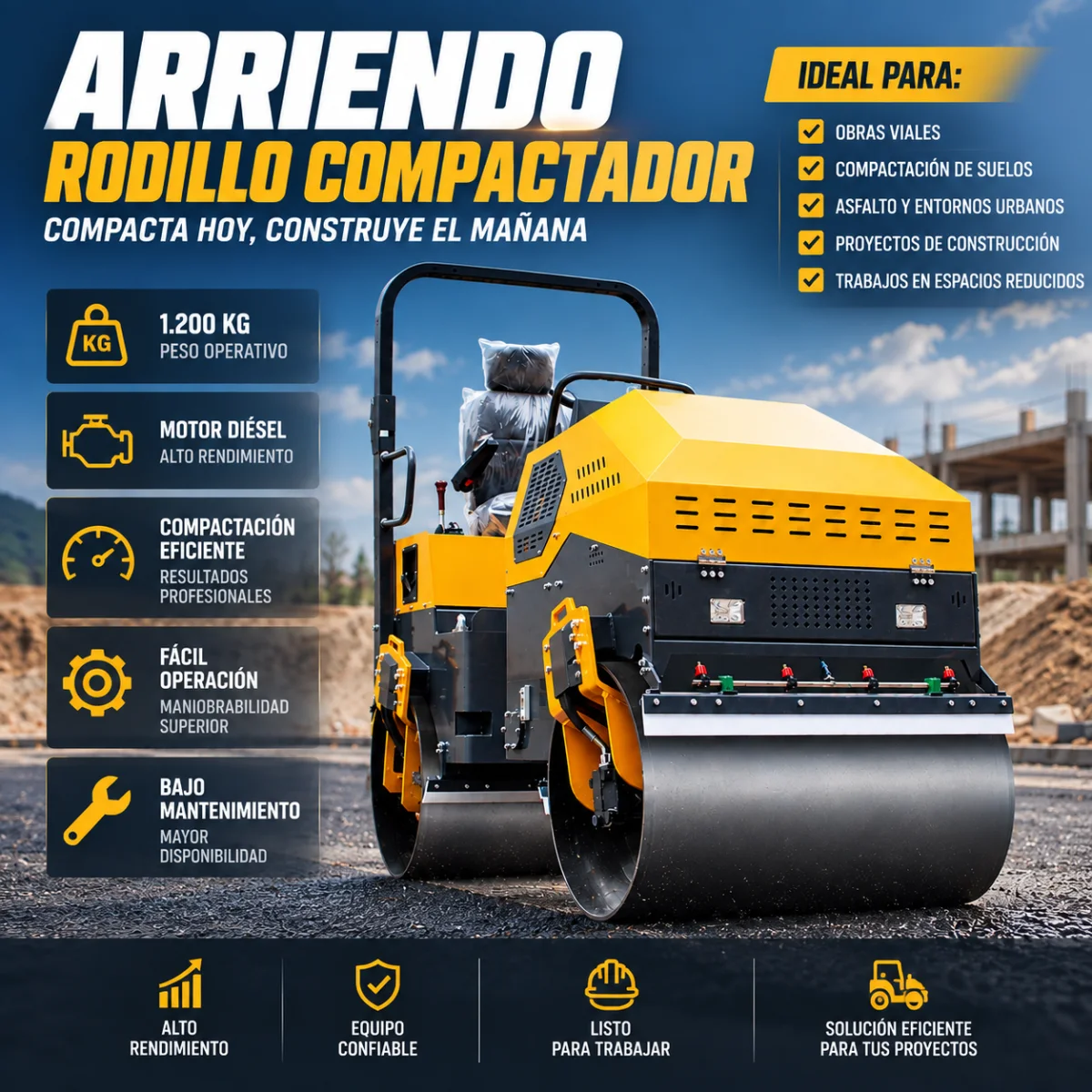 Arriendo de rodillo compactador de 1.200 kg con motor diésel, doble tambor, para obras viales y compactación de suelos
