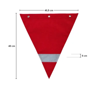 Medidas del banderín rojo triangular: 40,5 cm de lado superior, 40 cm de altura y franja reflectante de 5 cm