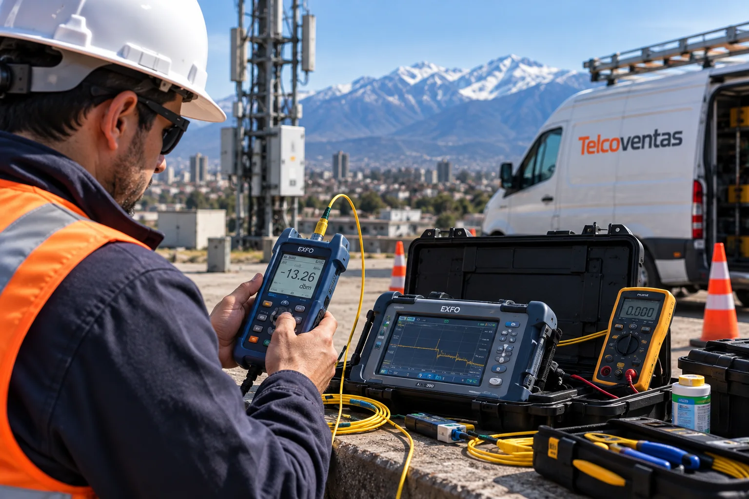 Técnico de telecomunicaciones midiendo potencia óptica con un medidor en terreno, junto a un OTDR y un multímetro sobre una caja de herramientas, con la cordillera al fondo