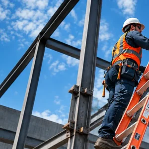 Operario subiendo una escalera de extensión Cuprum en una obra