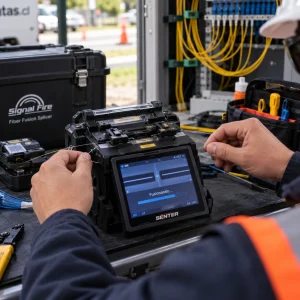Técnico operando una fusionadora de fibra óptica en terreno