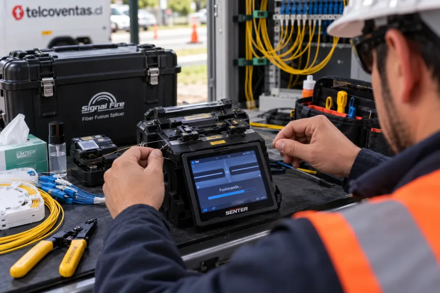 Técnico operando una fusionadora de fibra óptica en terreno