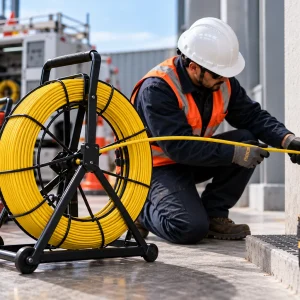 Instalador usando una laucha pasacables en una cámara subterránea