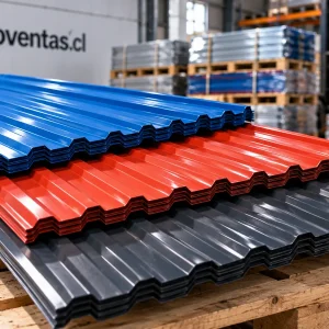Planchas de zinc prepintadas azul, roja y gris apiladas en la bodega de TelcoVentas