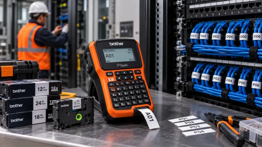 Rotuladora industrial Brother P-touch imprimiendo etiquetas junto a cintas TZe y un patch panel de red rotulado