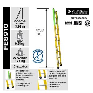Ficha técnica Cuprum FE8910: alcance 3,98 m, peso 9,5 kg, capacidad 175 kg, 10 peldaños