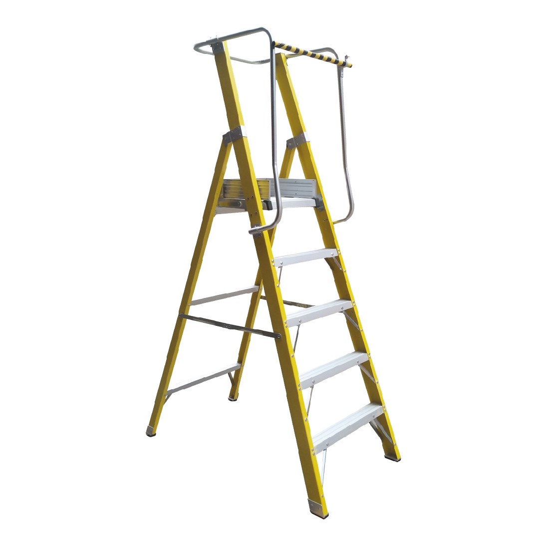 Escalera Fibra V. Plataforma 5 Peldaños con Baranda Doble