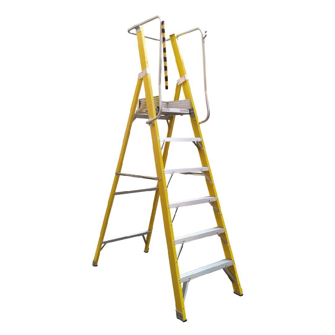 Escalera Fibra V. Plataforma 6 Peldaños con Baranda Doble