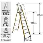 Especificaciones EFP-08: alcance 4,28 m, capacidad 150 kg, 305 cm de altura, 8 peldaños