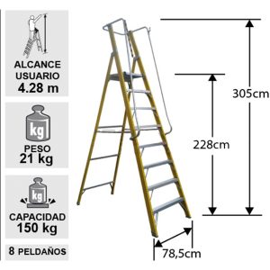 Especificaciones EFP-08: alcance 4,28 m, capacidad 150 kg, 305 cm de altura, 8 peldaños