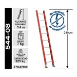 Especificaciones Cuprum 544-08: alcance 3,40 m, capacidad 225 kg, 8 peldaños, 240 cm