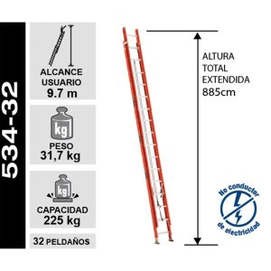 Especificaciones Cuprum 534-32: alcance 9,70 m, altura extendida 8,85 m, capacidad 225 kg, 32 peldaños, no conductor de electricidad