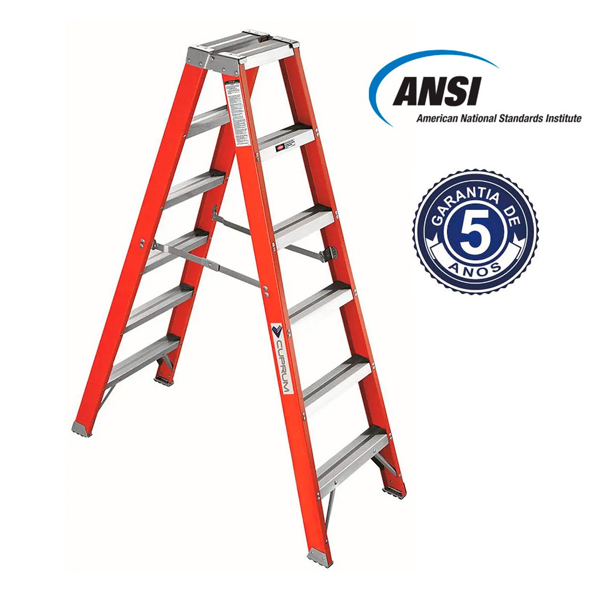 Certificación ANSI y garantía de 5 años de la escalera tijera doble acceso Cuprum 530-06