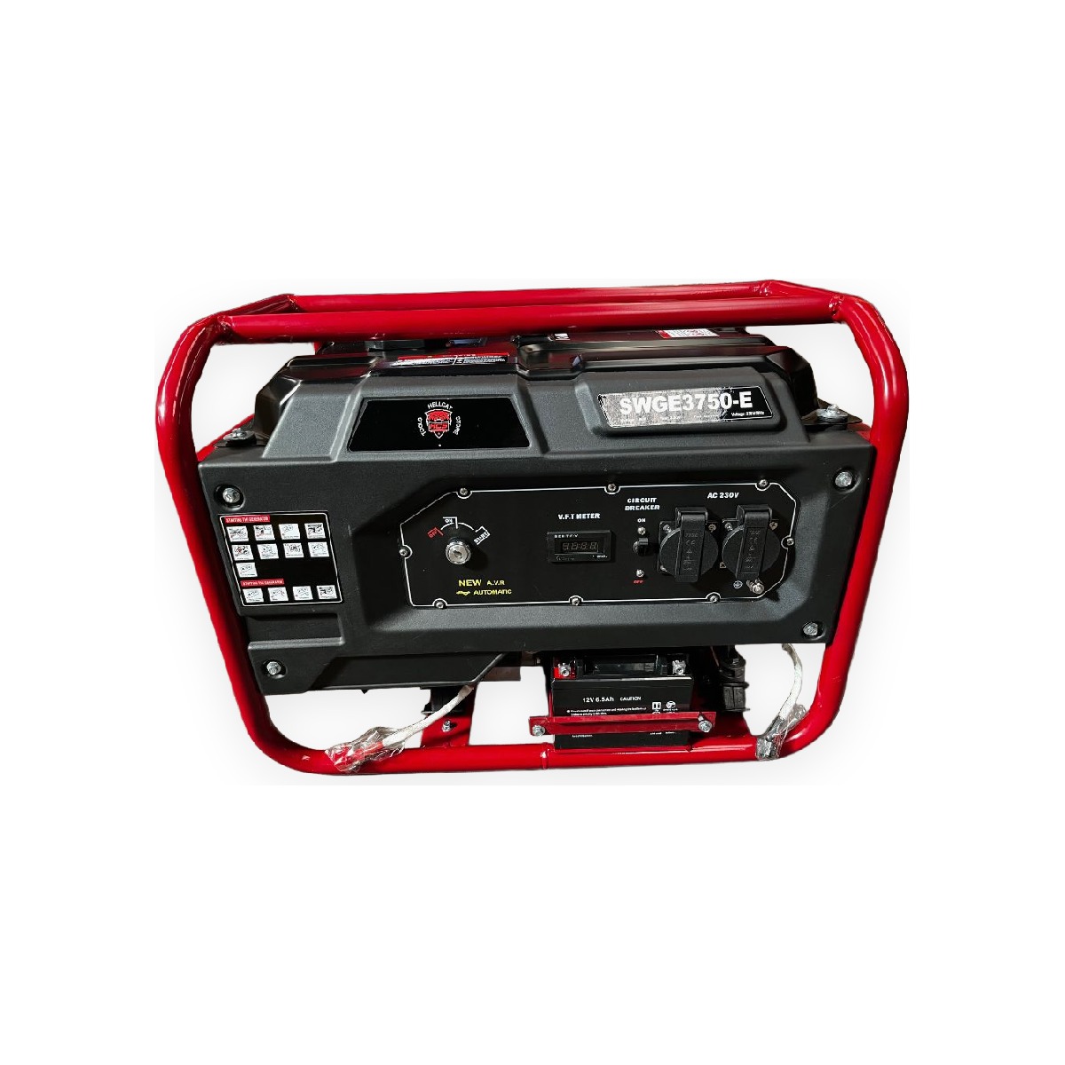Generador eléctrico 3 kVA SWGE3750 de frente: panel de control, tomas AC 230V y medidor V.F.T
